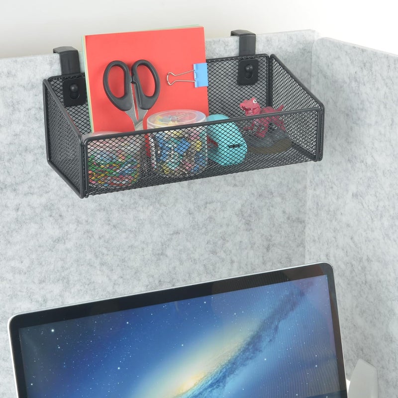 JDYOOMI Cubicle Shelf - Hanging Floating Shelves Storage Organizer for Office Cubicle Wall/Desk Partitions Easy Hang-on Metal Mesh Cubicle File Holder with 5 Pairs Plastic Hangers (White) - Image 2